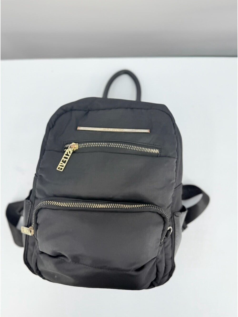 Steve Madden Black Nylon Mini Backpack Purse Gold Hardware Logo Straps
